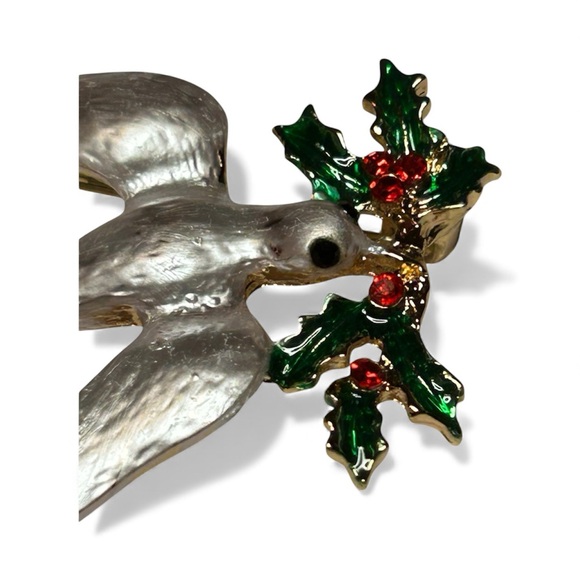 Jewelry - Silver Dove Brooch with Green and Red Accents